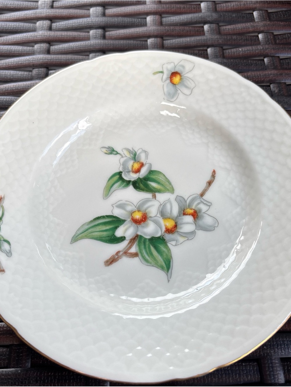 White Floral Porcelain Caje Plates with Gold Trim
